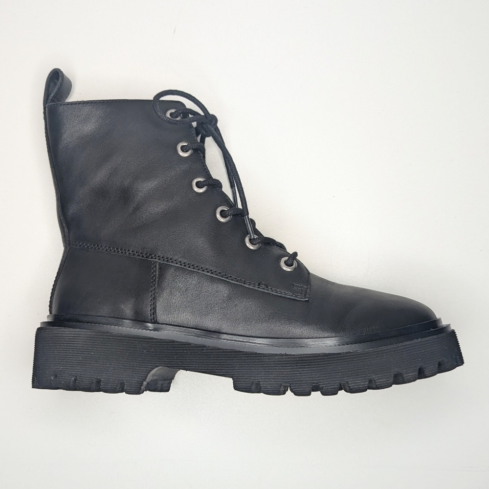 Madewell The Rayna Black Leather Boot Lace Up Combat Lug Sole Size 8.5
